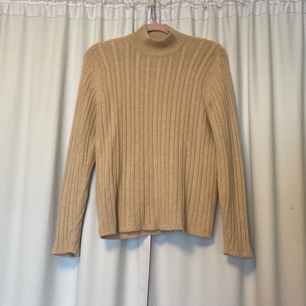 Talbots 100% Cashmere Women's Tan Cable Knit Turtleneck Sweater